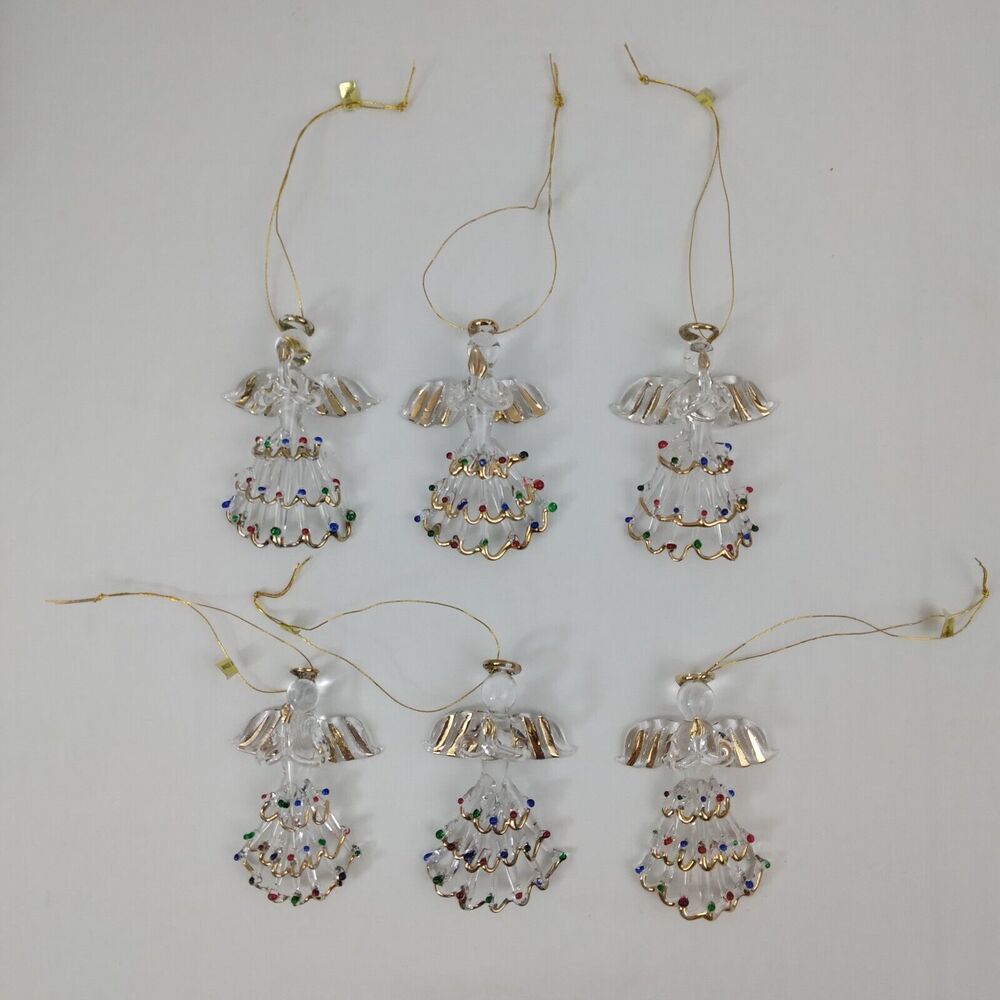 6 Vintage Hand Spun Clear Glass Angel Christmas Ornament Gold Trim Candle Halo